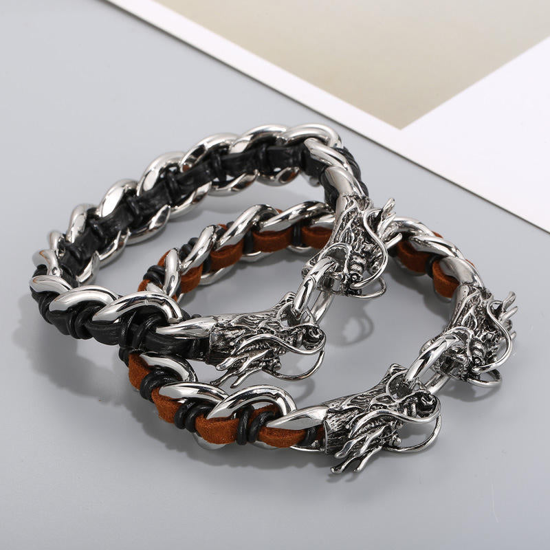 Armband Drachen Schutz Glück Balance Silber Leder Handgelenk getragen