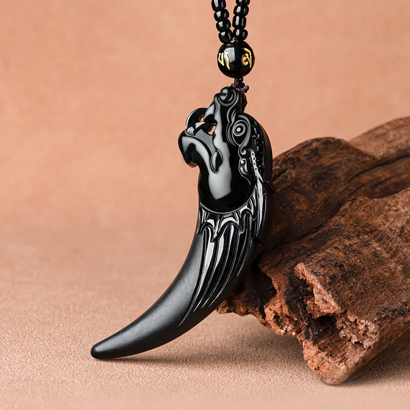 Kette schwarze Jade Drachen Reißzahn Schutz Obsidian