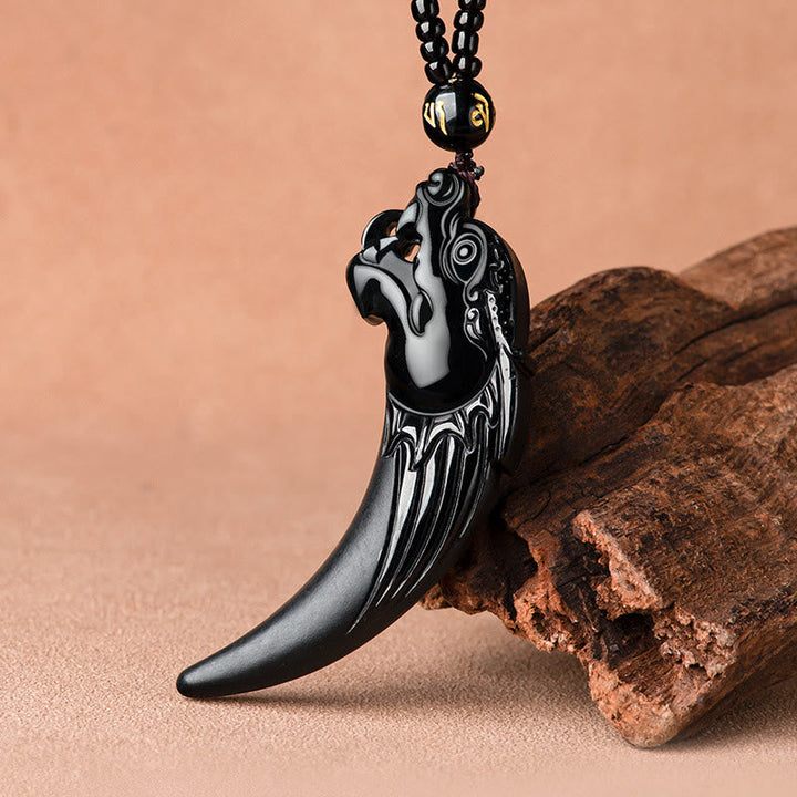 Kette schwarze Jade Drachen Reißzahn Schutz Obsidian