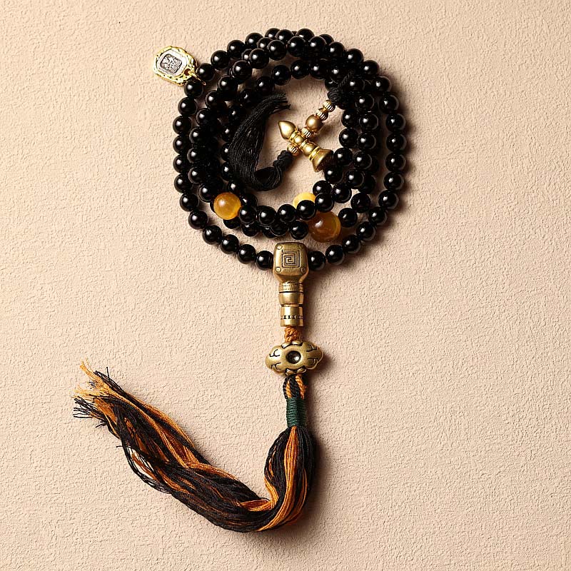 Mala Schwarzer Onyx Tigerauge – Schutz Perlenarmband mit Quaste Dekoration