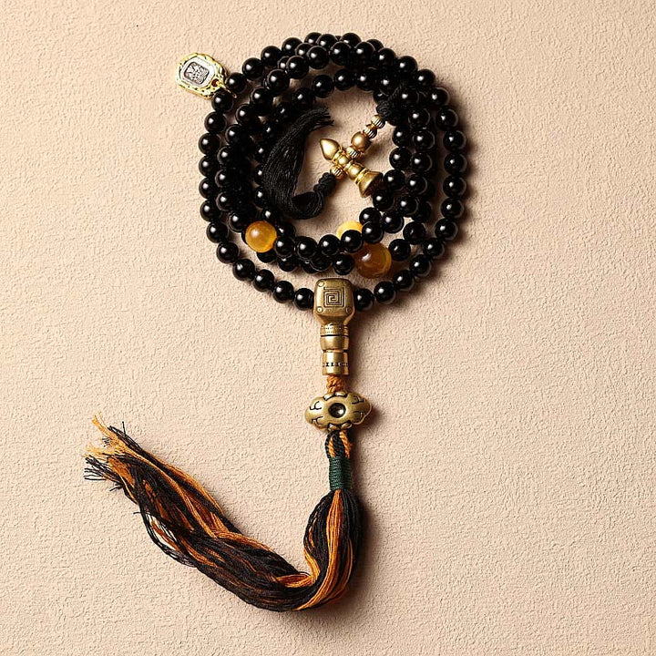 Mala Schwarzer Onyx Tigerauge – Schutz Perlenarmband mit Quaste Dekoration