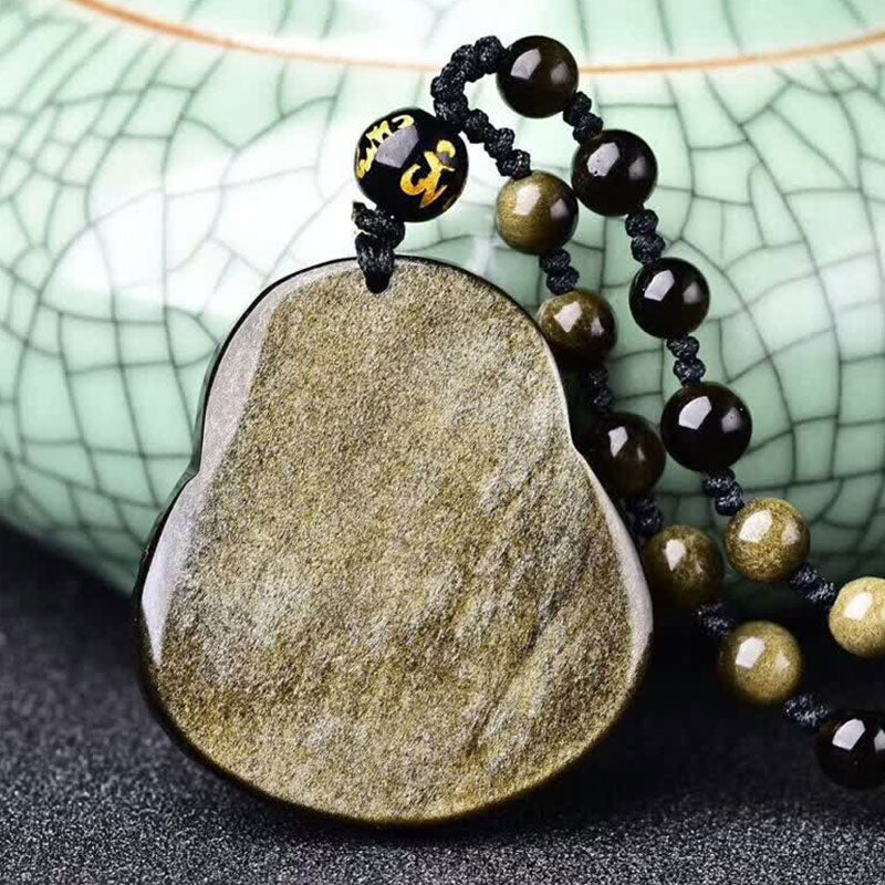 Kette Obsidian Lachender Buddha Wohlstand Goldglanz Perlen