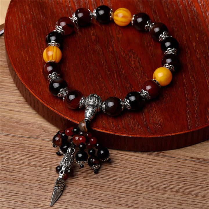Armband mit schwarzem Obsidian, rotem Achat und goldenem Tigerauge Drachen.