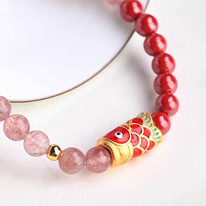 Armband Erdbeerquarz Zinnober Koi Fisch elastisch Naturstein Glück Heilung