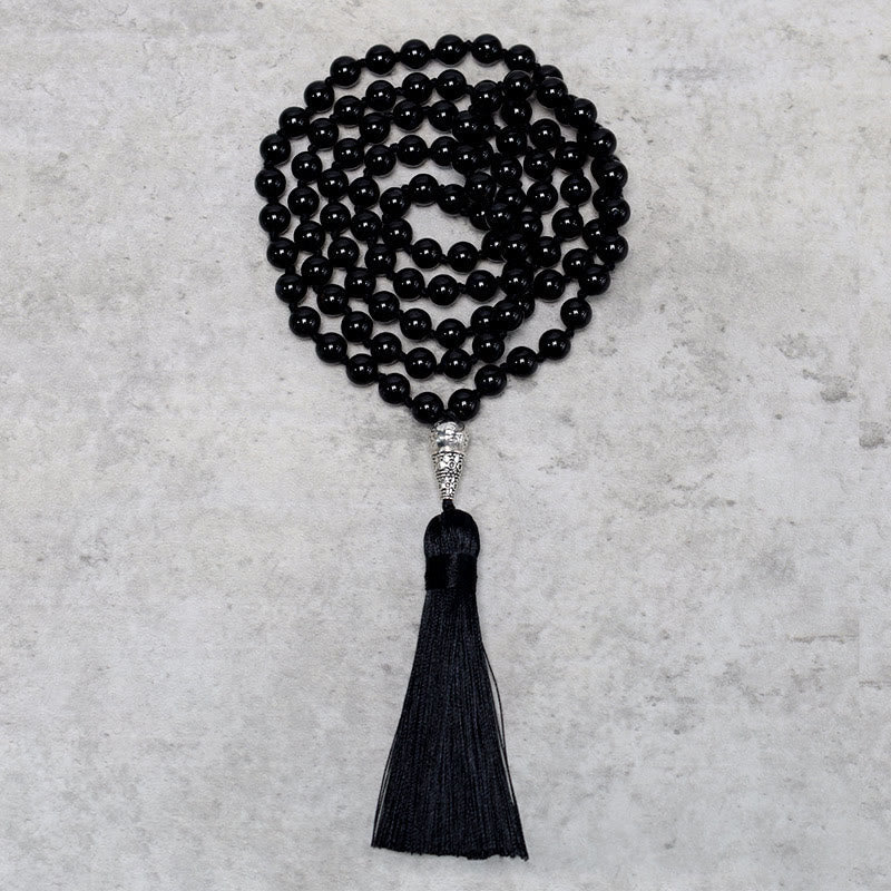 Mala 108 Schwarzer Onyx Perlenkette mit Quaste Flachlage Meditation Yoga