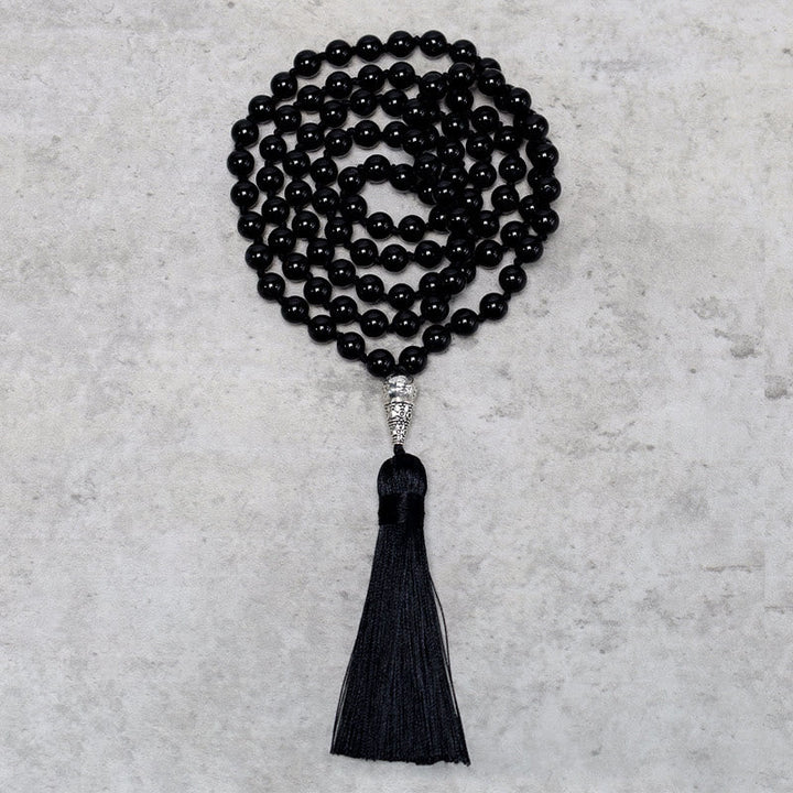 Mala 108 Schwarzer Onyx Perlenkette mit Quaste Flachlage Meditation Yoga