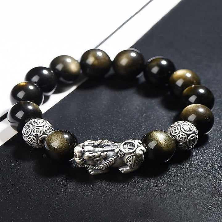 Schwarzes Obsidian Pixiu Armband 925 Silber Schutz Wohlstand Naturstein