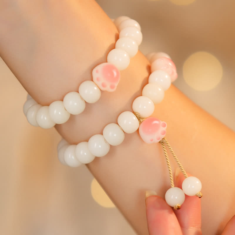 Weißes Bodhi Armband mit rosa Katze Glück Liebe elastisch Handgelenk