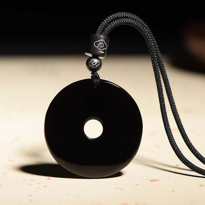 Obsidian Kette schwarz Donut Anhänger Naturstein