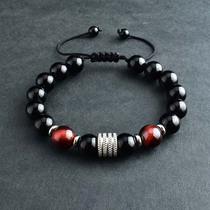 Armband Schwarzer Obsidian Tigerauge mit roten Steinen Elastisch verstellbar