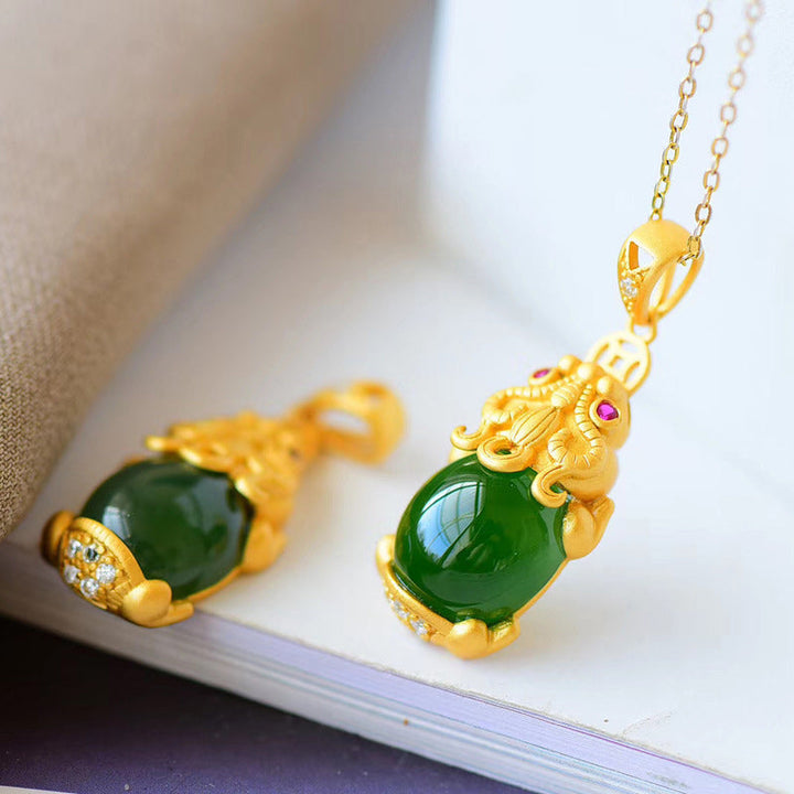 Kette Jade Pixiu Heilstein Natur Gold Anhänger