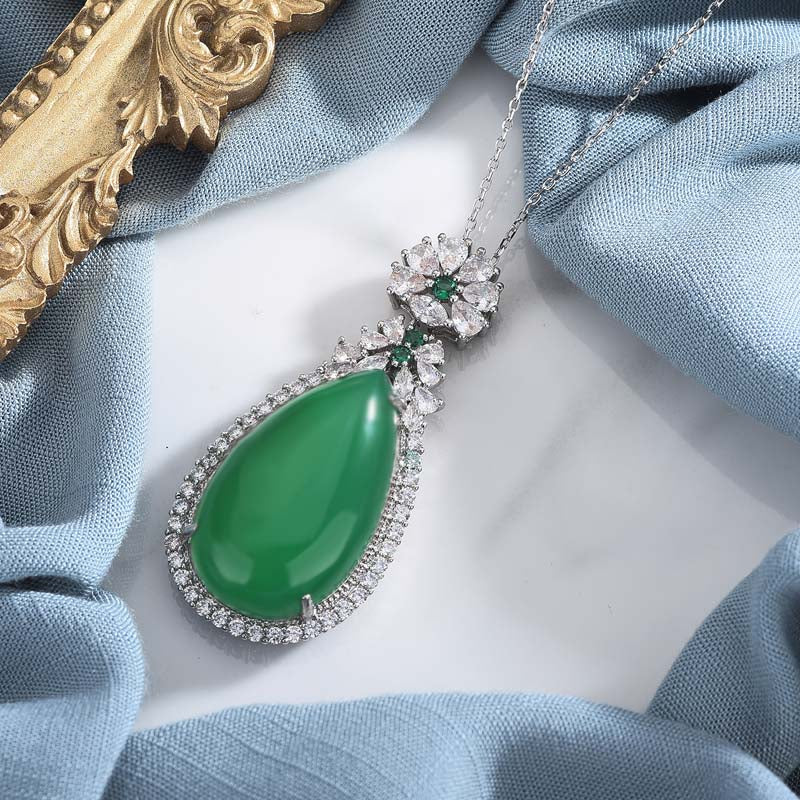 Kette Cyan Jade Tropfen Silber Blüten Harmonie