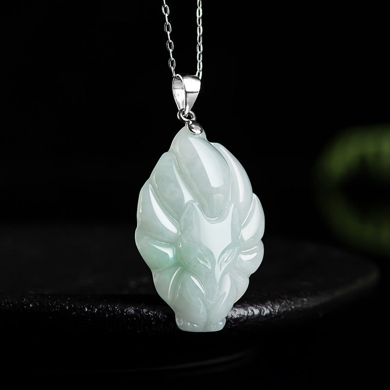 Kette Jade Neunschweif-Fuchs Natur Wohlstand Silber
