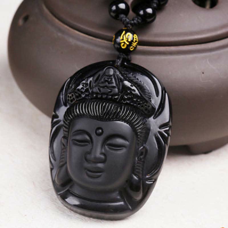 Anhänger Kette schwarze Obsidian Avalokitesvara Buddha Halskette