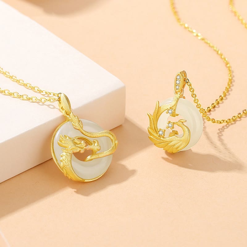 Kette Hetian-Jade Drachen-Phönix Glück Gold Anhänger