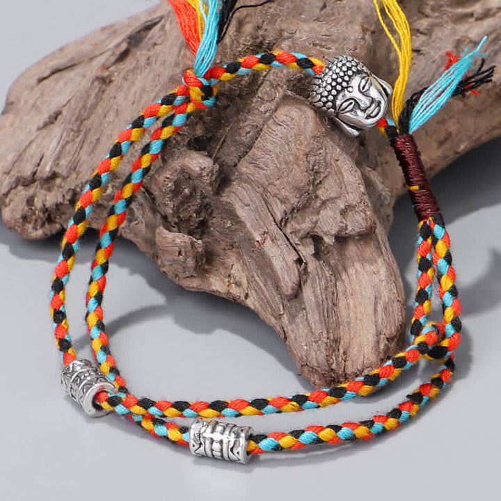 Buntes geflochtenes Armband mit Buddha Kopf Anhänger Holz