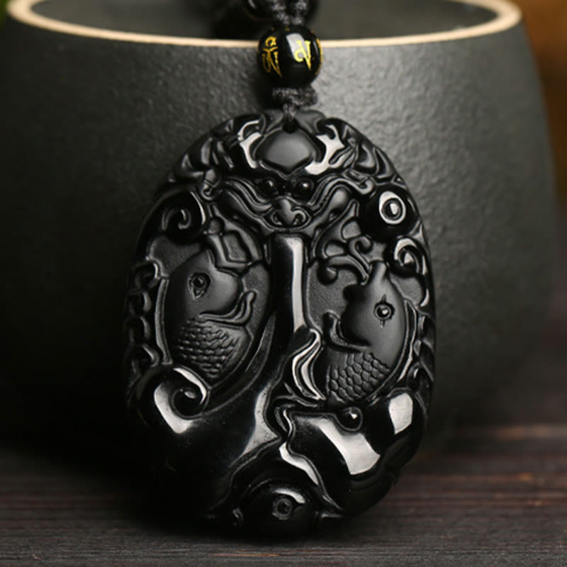 Schwarzer Obsidian Schmuck, Koi-fische Kette, Anhänger