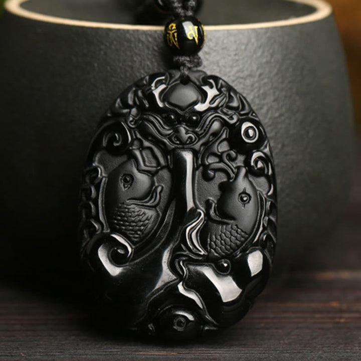 Schwarzer Obsidian Schmuck, Koi-fische Kette, Anhänger