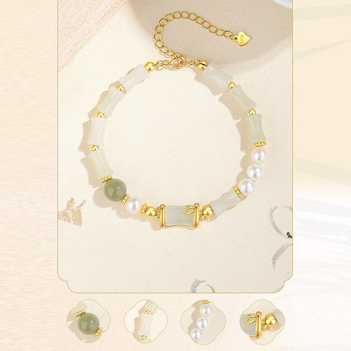 Armband 925 Silber Weiße Jade Bambus – Glück & Segen