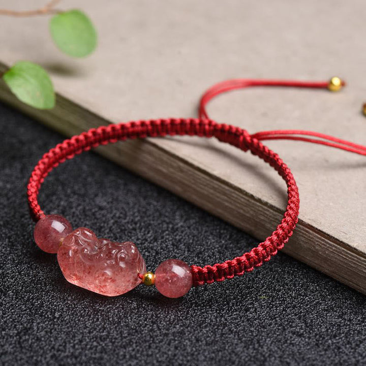 Rotes Armband Erdbeerquarz Pixiu Glück Naturstein Handmade elastisch