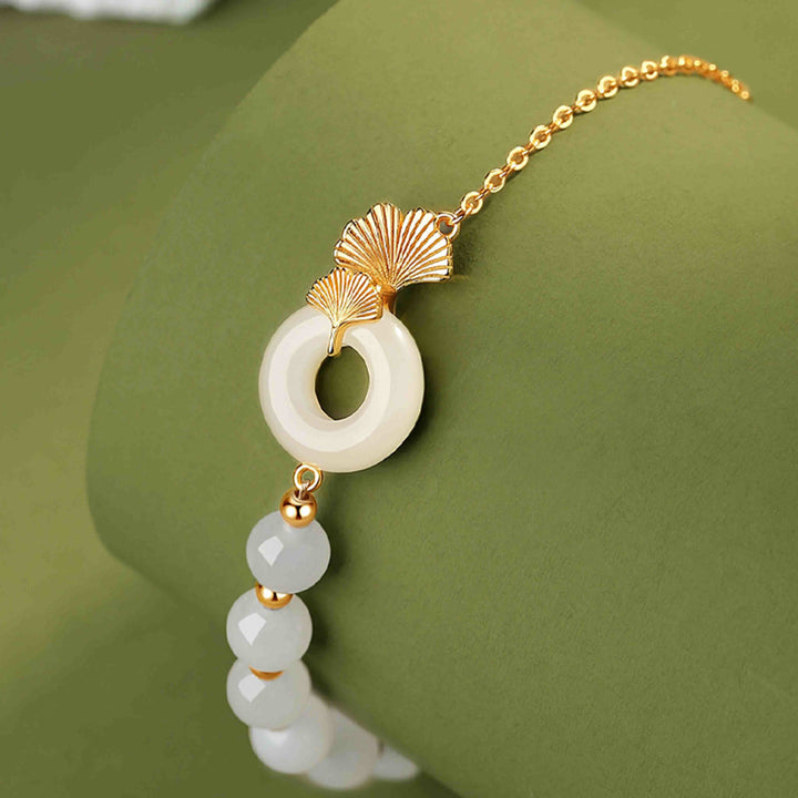 Armband 925 Silber Weiße Jade Ginkgo Blatt Design Glück Frieden elegant.