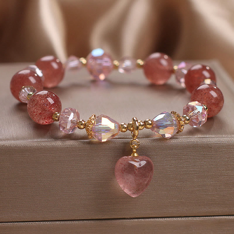 Armband Erdbeerquarz Kristall rosé Perlen Herzanhänger Heilstein Liebe