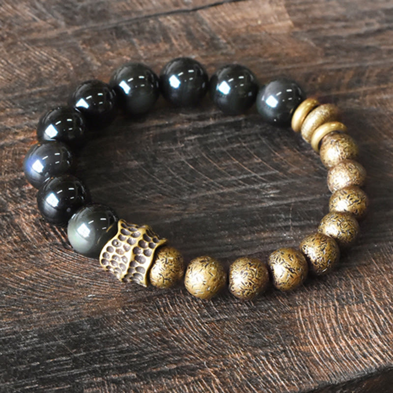 Armband Obsidian Kupfer – Energie schwarze glänzende Perlen goldene Akzente