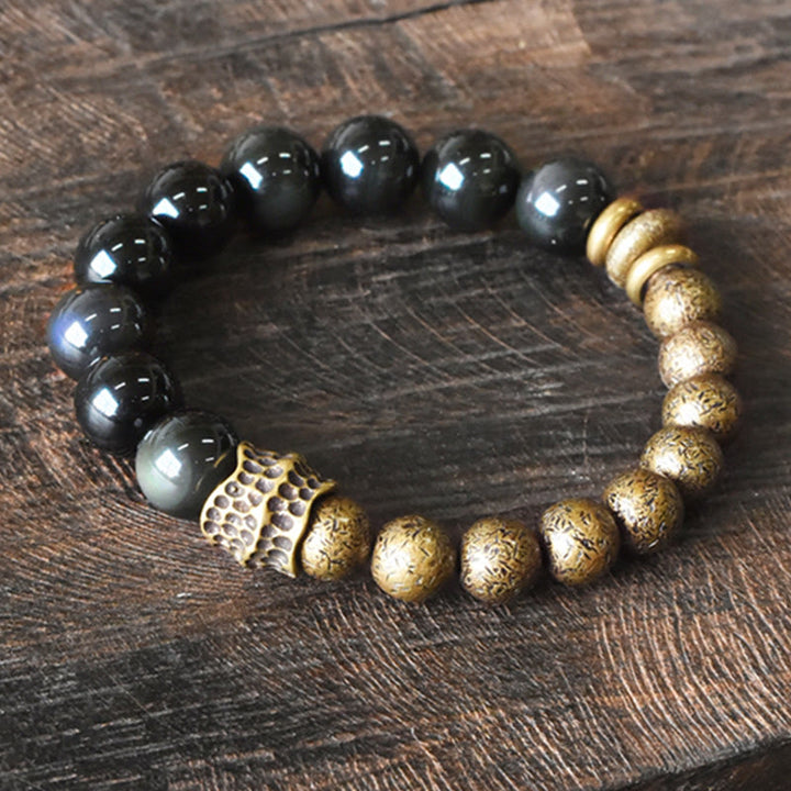 Armband Obsidian Kupfer – Energie schwarze glänzende Perlen goldene Akzente