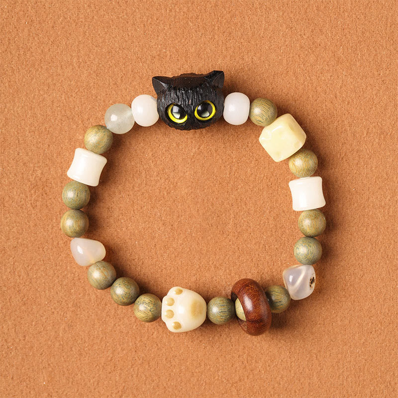 Armband Sandelholz Bodhi Katze mit gelben Augen Perlen Frieden