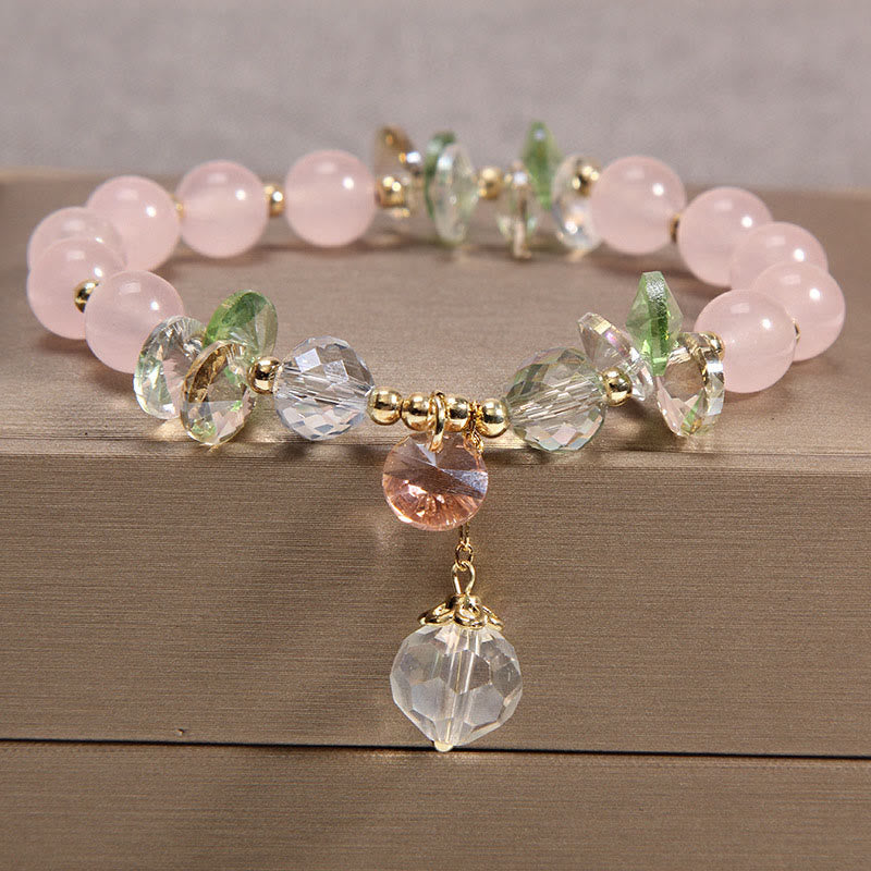 Rosaquarz Armband Kristall mit grünen Blättern elegant Naturstein