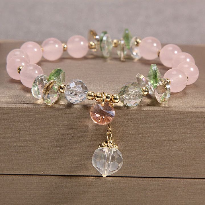 Rosaquarz Armband Kristall mit grünen Blättern elegant Naturstein