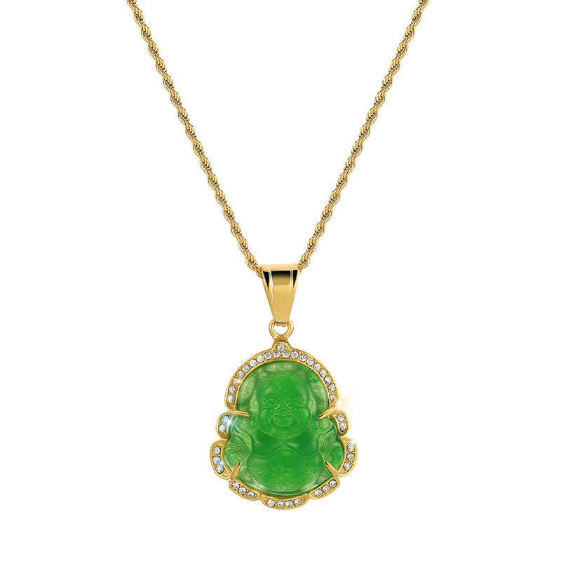 Grüne Jade Buddha Lachen Anhänger an goldfarbener Kette mit Strass