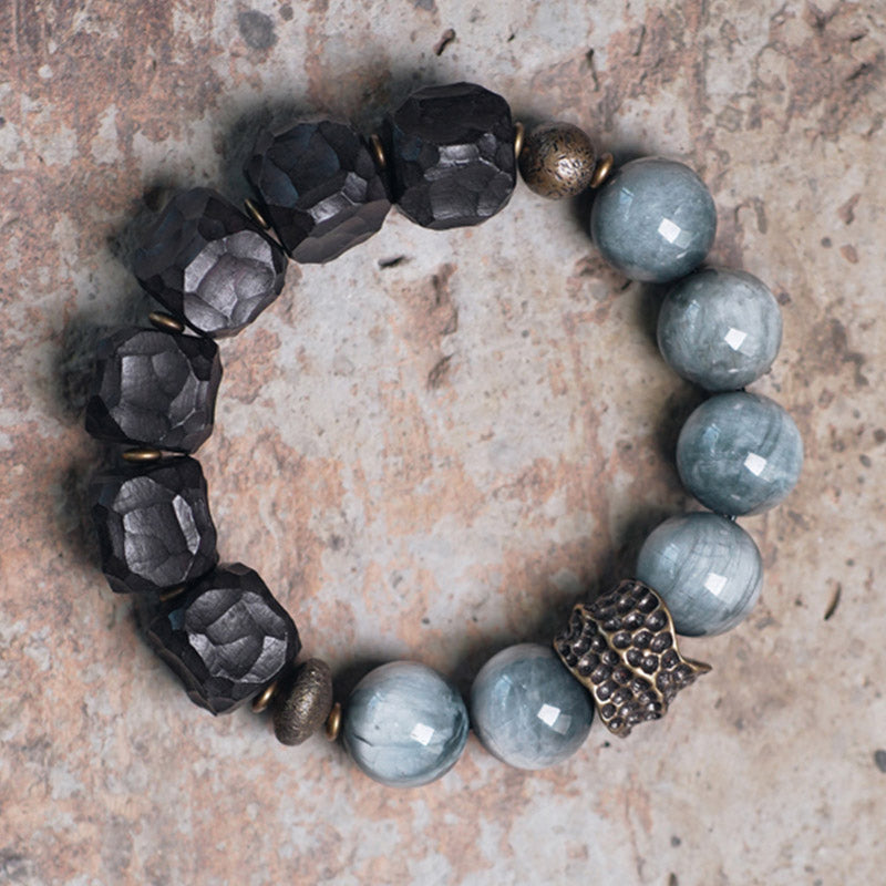 Armband Kupfer Ebenholz Paar grauer Stein facettiert elastisch.