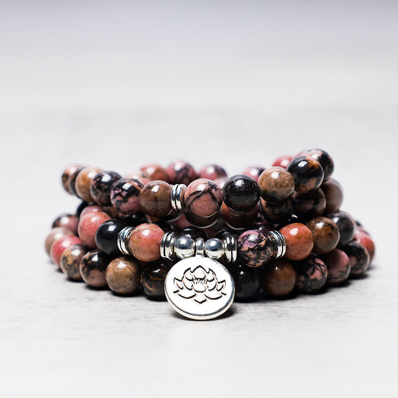 Mala Rhodonit Lotus Armband mit Lotusanhänger Naturstein Perlen.