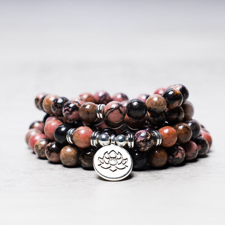 Mala Rhodonit Lotus Armband mit Lotusanhänger Naturstein Perlen.