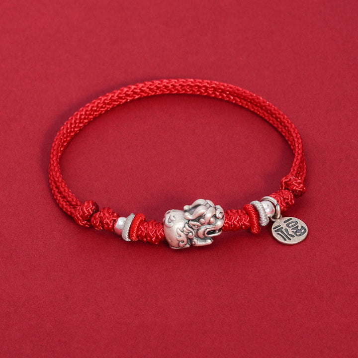 Rotes Armband 925 Silber Fu-Zeichen Glück Wohlstand elastisch Seil.