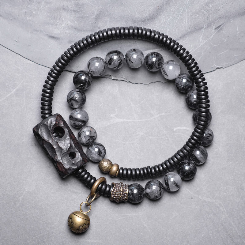 Armband Kupfer Ebenholz Paar Energie grauer Stein Kugeln elegant.