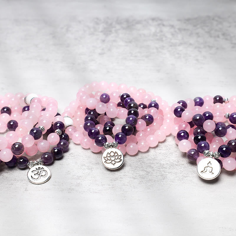 Mala Rosenquarz Amethyst Perlen Lotus Anhänger