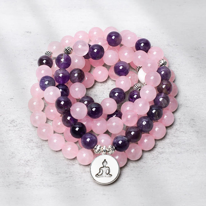 Mala Rosenquarz Amethyst Perlen Lotus Anhänger