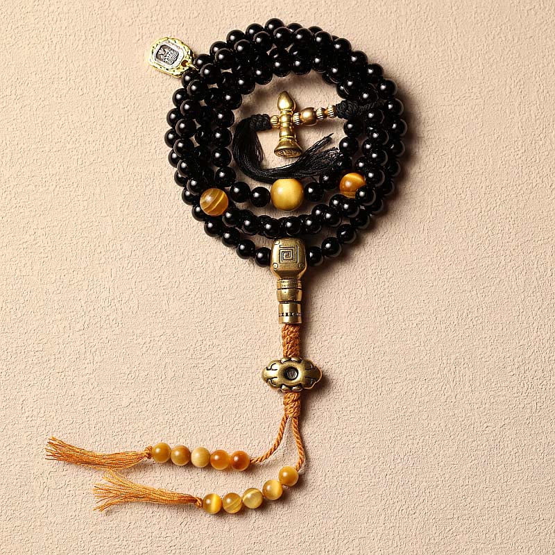 Mala Schwarzer Onyx Tigerauge Schutz Armband mit goldenen Perlen Quaste