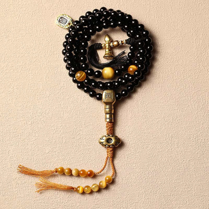 Mala Schwarzer Onyx Tigerauge Schutz Armband mit goldenen Perlen Quaste
