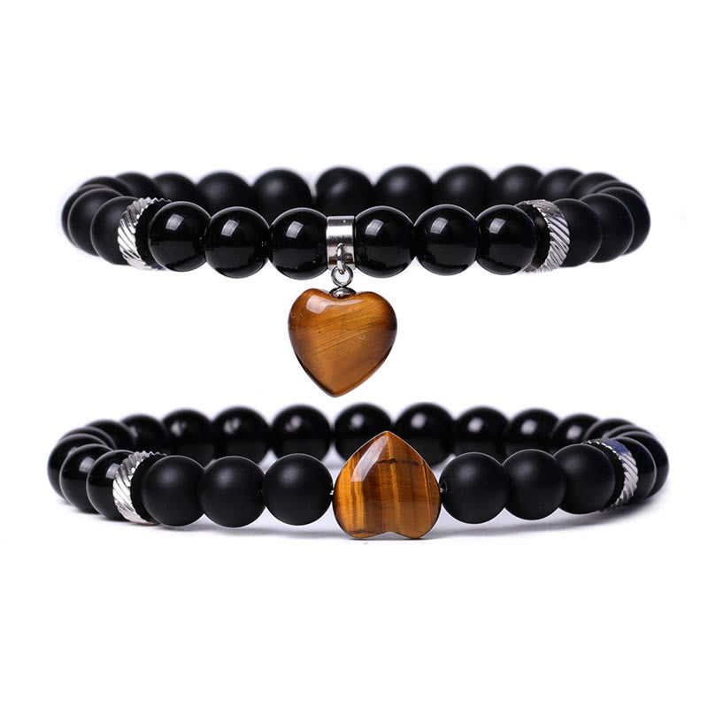Armband Schwarzer Onyx Kristall Paar mit Tigerauge Herz Anhänger elastisch