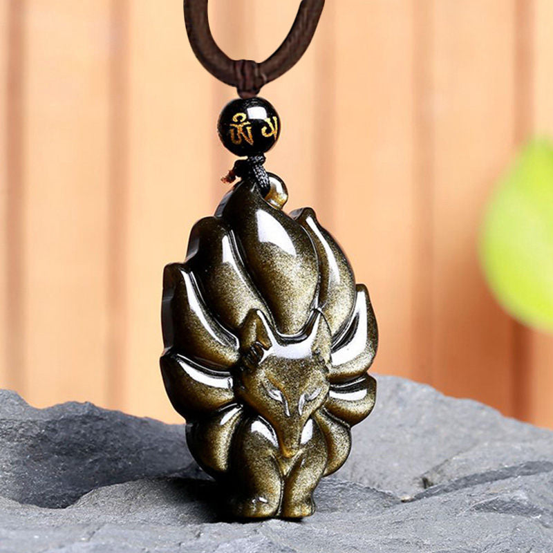 Kette Obsidian Neunschweif-Fuchs Anhänger bronze Naturstein Schmuck
