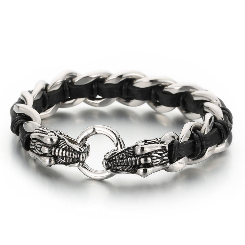 Armband Drachen Schutz Glück Balance schwarzsilber Leder Kettengeflecht Handgelenk