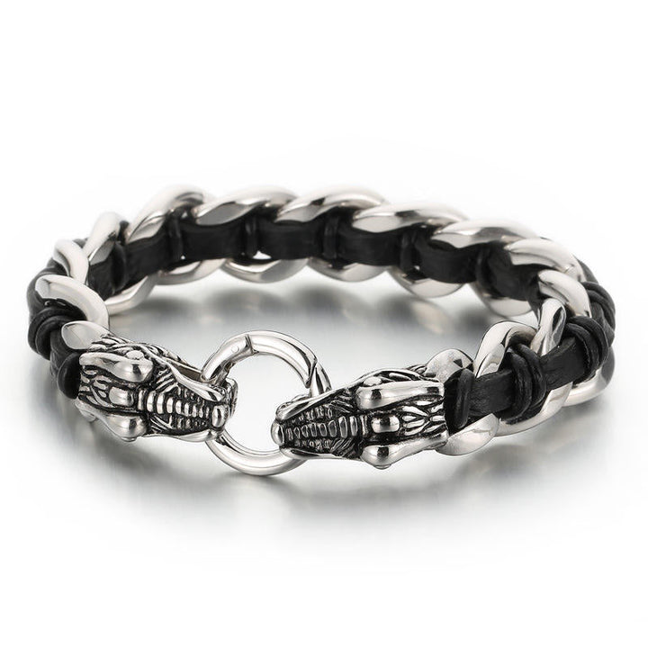 Armband Drachen Schutz Glück Balance schwarzsilber Leder Kettengeflecht Handgelenk