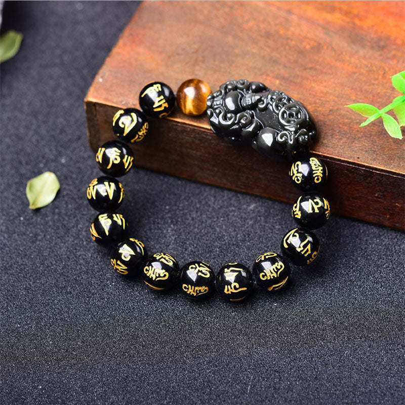 Armband Obsidian Pixiu schwarze Perlen goldene Gravur Glücksarmband Wohlstand Balance