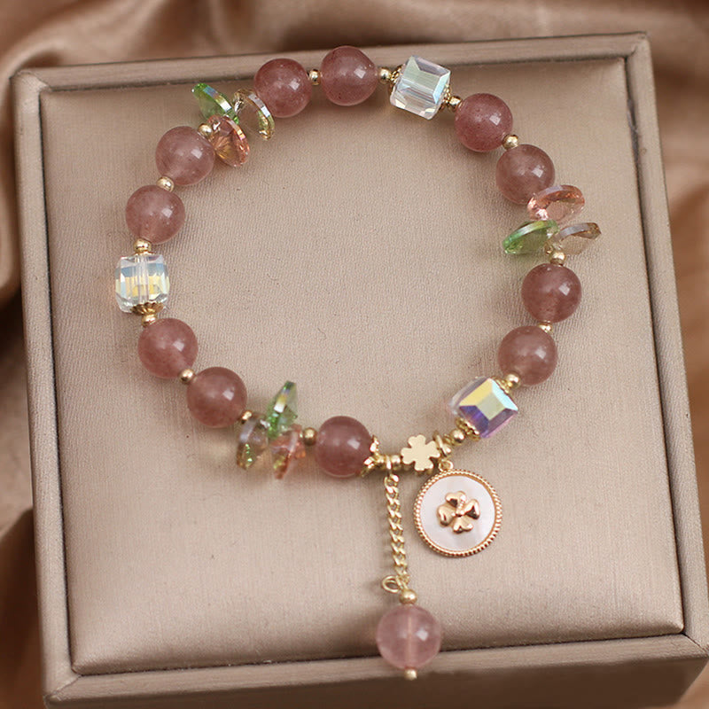 Armband Erdbeerquarz Kleeblatt Glück Heilung rosa Perlen gold Anhänger