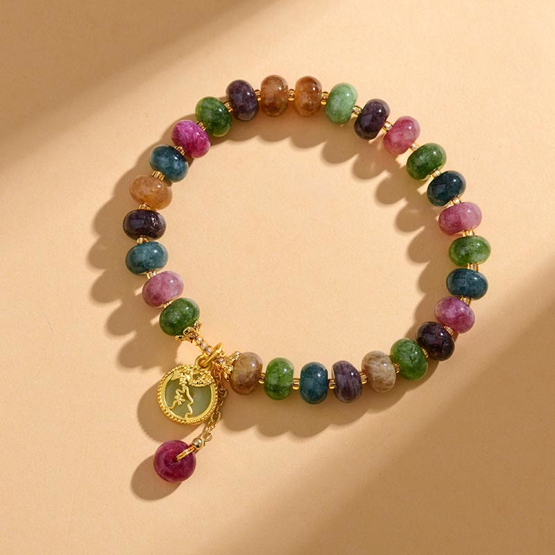 Buntes Turmalin Armband mit goldener Blume Anhänger eleganter Schmuck