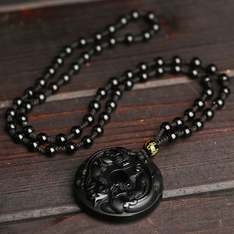 Kette schwarzer Obsidian Pixiu Perlen Holz