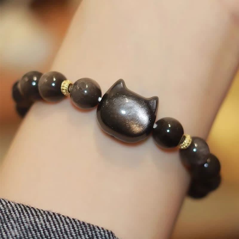 Armband Gold Silber Obsidian Katze - Schutz